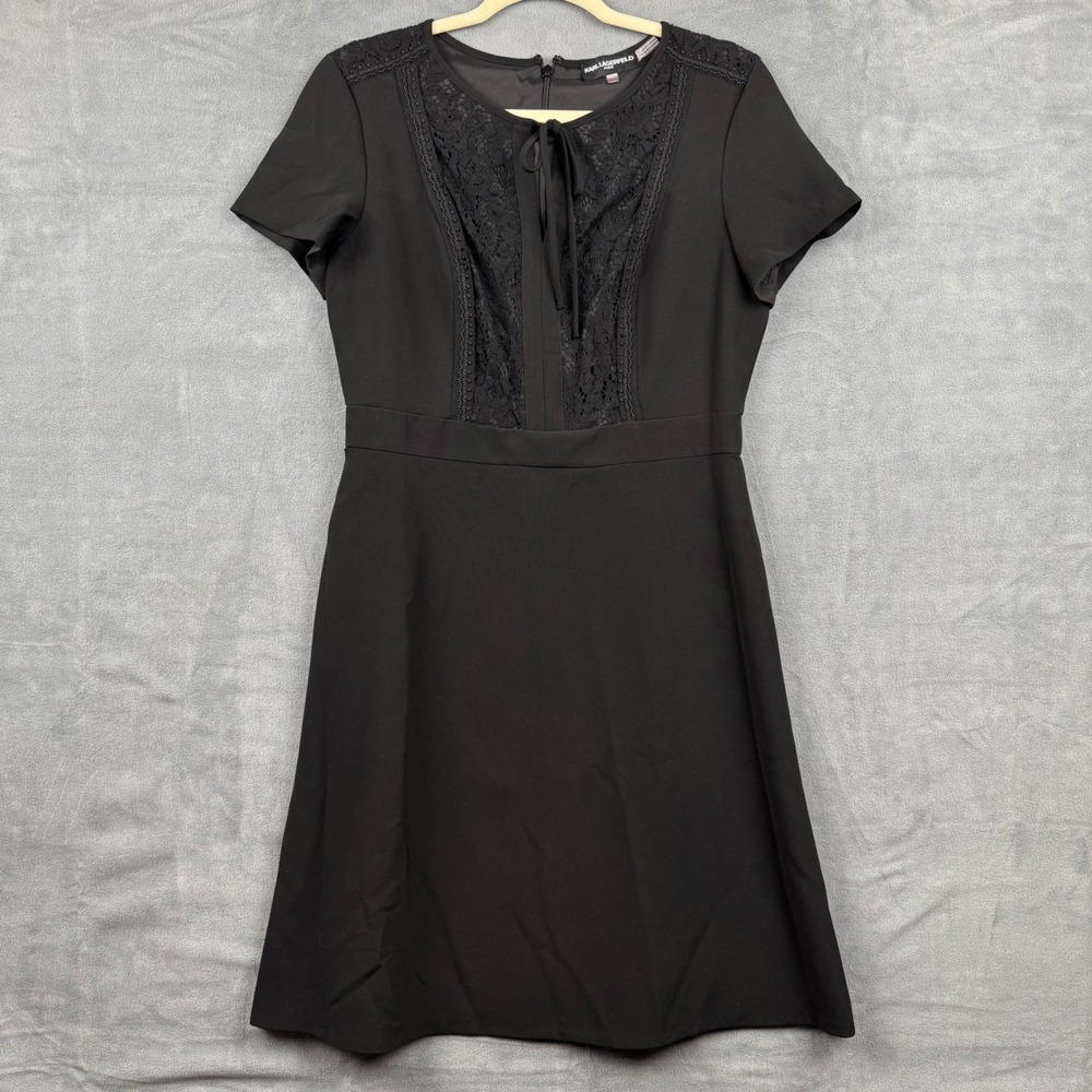 Karl Lagerfeld Paris Black Lace Tie Neck A-Line Dress Career Party Women